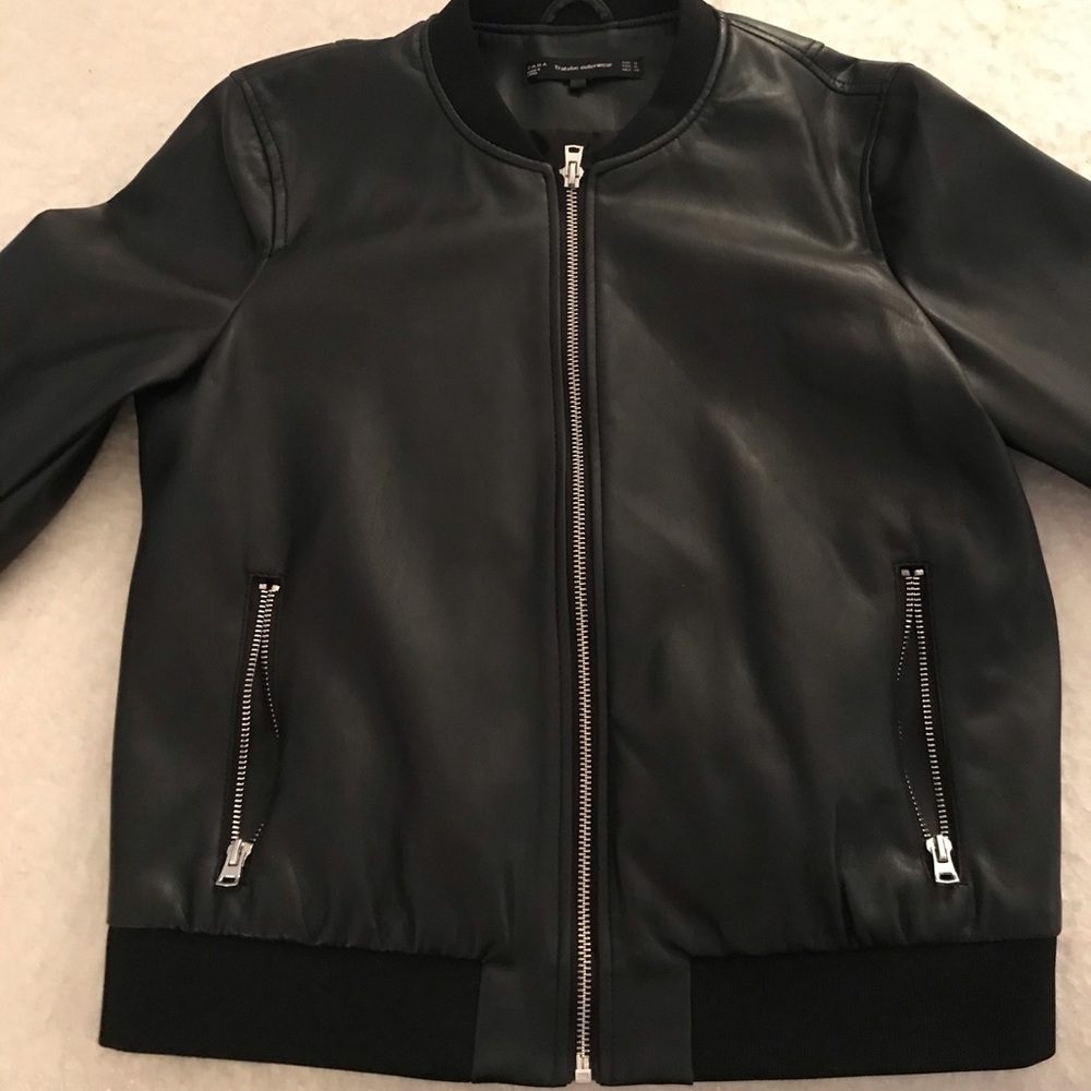 Black faux leather bomber jacket